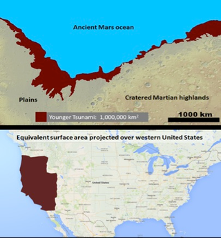 This maps compares the scale of the first tsunami to the west coast of the United States (Image: Alexis Rodriguez)